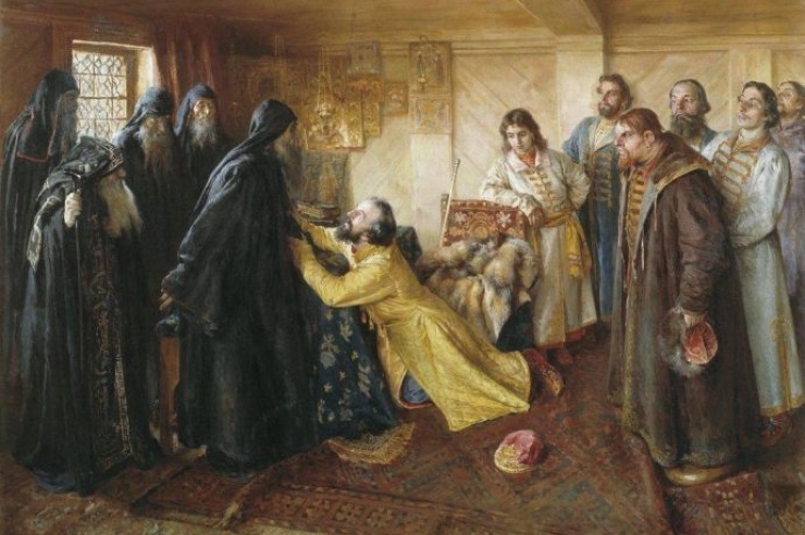 Царь Иван Грозный просит игумена Корнилия пострич его в монахи. Лебедев К.В.