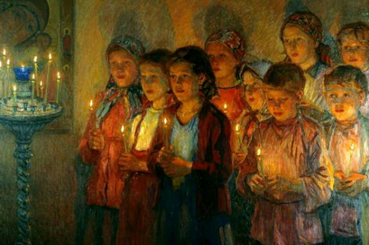 В церкви. Н.П.Богданов-Бельский 1933 г.
