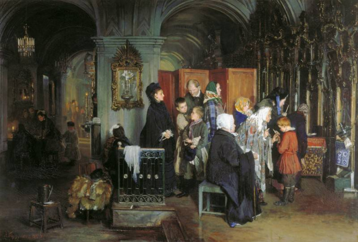 Перед исповедью. Корзухин А.И. 1877 г.