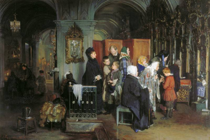 Перед исповедью. Корзухин А.И. 1877 г.
