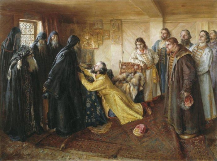 Царь Иван Грозный просит игумена Корнилия пострич его в монахи. Лебедев К.В.
